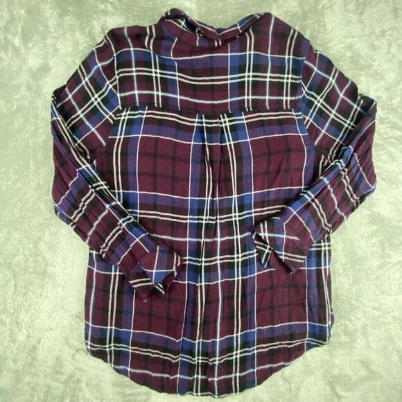 Beach Lunch Lounge Shirt Women Blue Burgundy Plaid Button Up Long Sleeve Cowgirl - Picture 2 of 12